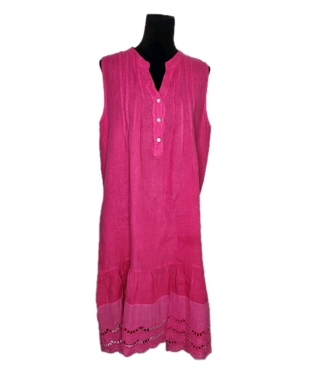Rosemarine Pink Linen Sleeveless Midi Dress Italy Pintuck Lace Bottom Size L